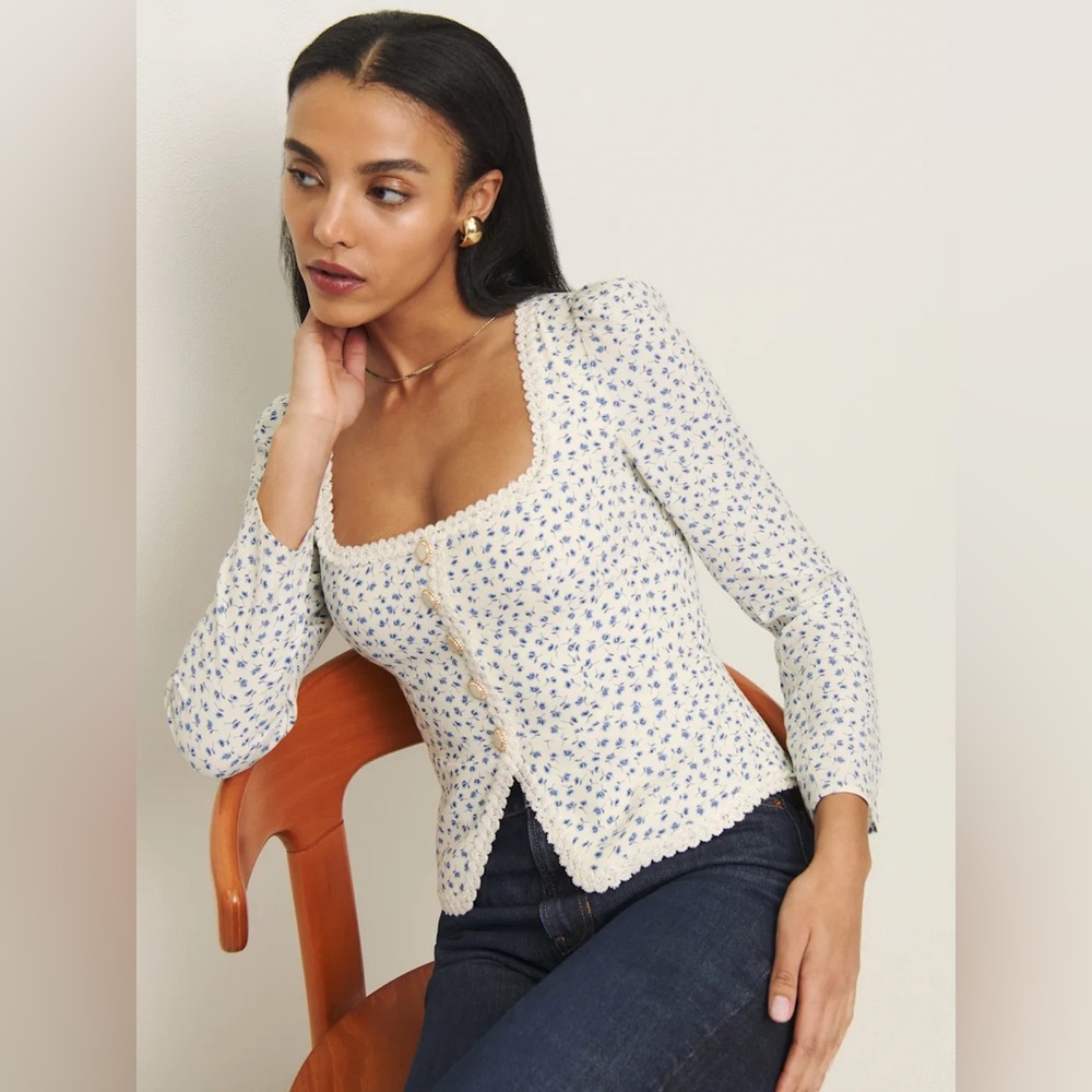Reformation Cream and Blue Floral Blouse